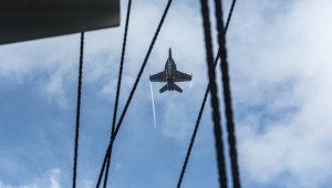 Super Hornet soars over the USS Dwight D. Eisenhower in the Atlantic