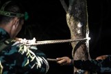 Saw Eh Htoo helps Saw Sher K'paw Moo fasten the rope properly for the rope crossing test over the river.